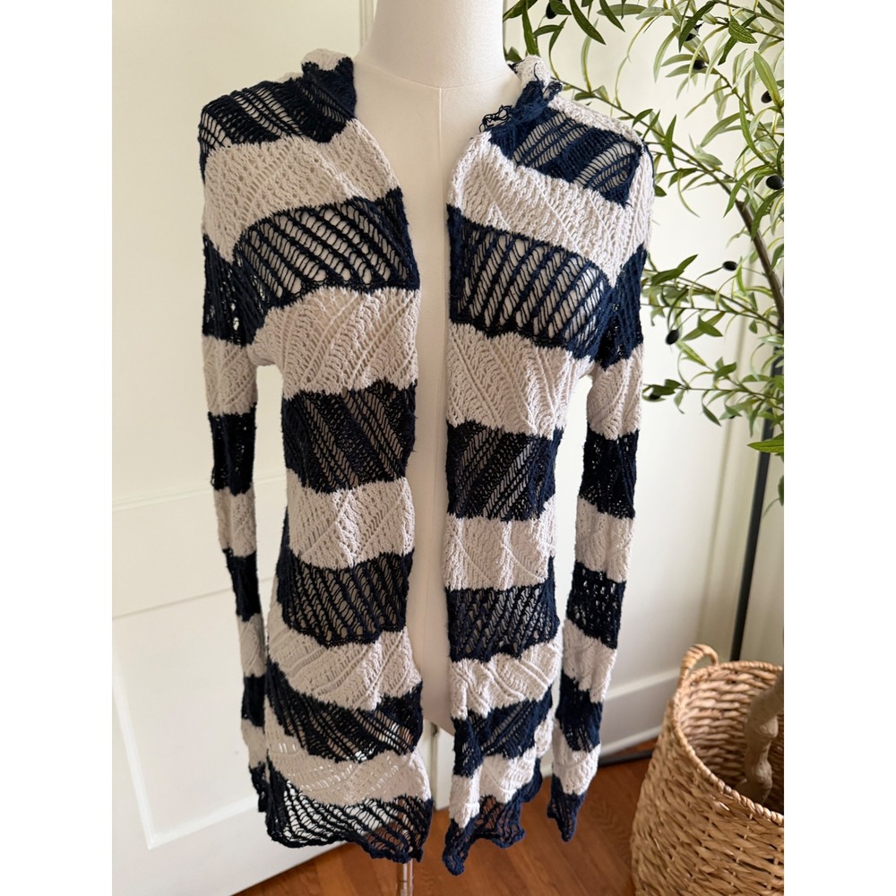 Lauren Ralph Lauren Navy Cream Striped Cotton Linen Crochet Hooded Cardigan S